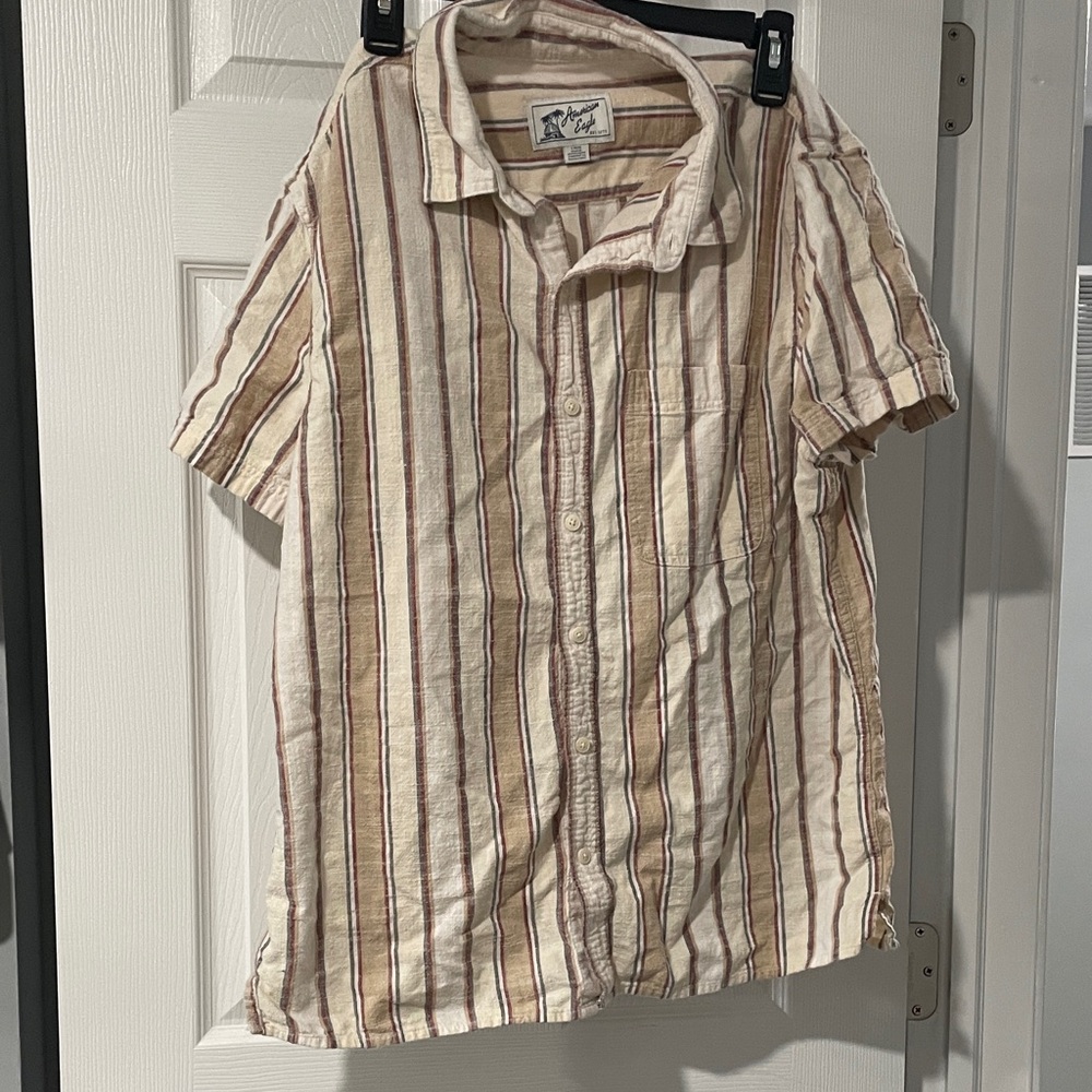 Men’s Striped Beige Short Sleeve Shirt
